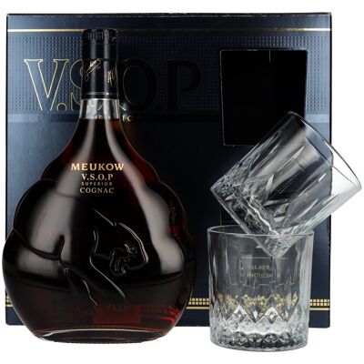 Meukow Cognac Meukow V.S.O.P Superior Cognac 40% Vol. 0,7l en boîte cadeau avec 2 Verres - Publicité Meukow Cognac Meukow V.S.O.P Superior Cognac 40% Vol. 0,7l en boîte cadeau avec 2 Verres - Publicité