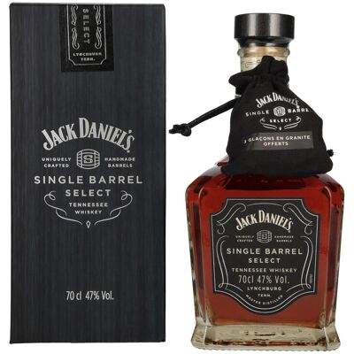 Jack Daniel's Select Single Barrel Tennessee Whiskey 47% Vol. 0,7l en boîte cadeau avec Whisky Stones - Publicité Jack Daniel's Select Single Barrel Tennessee Whiskey 47% Vol. 0,7l en boîte cadeau avec Whisky Stones - Publicité