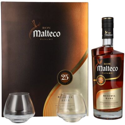 Ron Malteco 25 Years Old Reserva Rara 40% Vol. 0,7l en boîte cadeau avec 2 Verres - Publicité Ron Malteco 25 Years Old Reserva Rara 40% Vol. 0,7l en boîte cadeau avec 2 Verres - Publicité