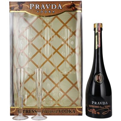 Pravda ESPRESSO Flavored Vodka 37,5% Vol. 0,7l en boîte cadeau avec 2 Verres - Publicité Pravda ESPRESSO Flavored Vodka 37,5% Vol. 0,7l en boîte cadeau avec 2 Verres - Publicité