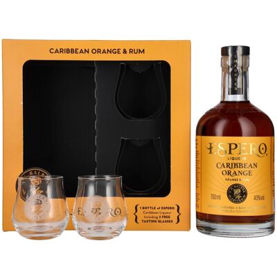Ron Espero Caribbean Orange Liqueur 40% Vol. 0,7l en boîte cadeau avec 2 Verres - Publicité Ron Espero Caribbean Orange Liqueur 40% Vol. 0,7l en boîte cadeau avec 2 Verres - Publicité