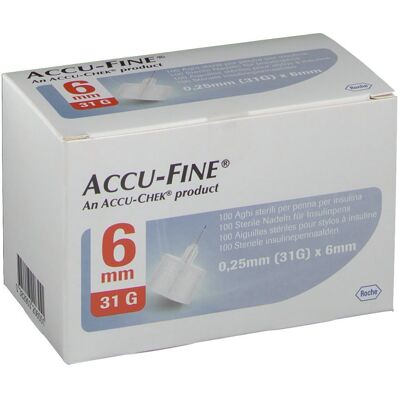 ACCU-CHEK ACCU-FINE® Aiguilles stériles 0,25 mm (31G) x 6 Canule 100 pc(s) - Publicité ACCU-CHEK ACCU-FINE® Aiguilles stériles 0,25 mm (31G) x 6 Canule 100 pc(s) - Publicité