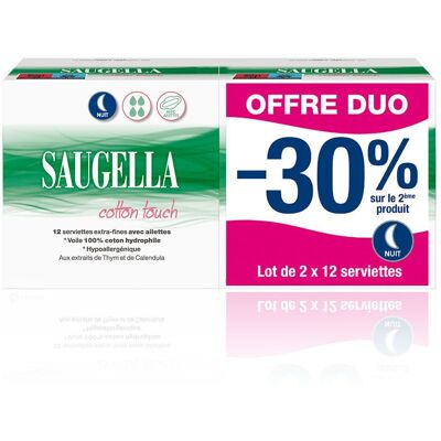 Serviettes hygiéniques nuit Saugella Cotton Touch - 24 pièces - Publicité Serviettes hygiéniques nuit Saugella Cotton Touch - 24 pièces - Publicité