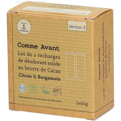 Comme Avant Recharges déodorant solide - Citron et bergarmote Déodorant 2x60 g - Publicité Comme Avant Recharges déodorant solide - Citron et bergarmote Déodorant 2x60 g - Publicité