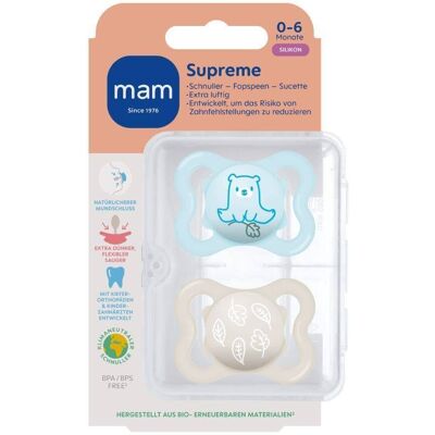 MAM Supreme Tétine Silicone Bleu 0-6 mois Sucette(S) 2 pc(s) - Publicité MAM Supreme Tétine Silicone Bleu 0-6 mois Sucette(S) 2 pc(s) - Publicité
