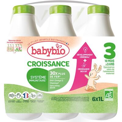 BABYBIO Lait de croissance pour nourisson 3 De 10 mois à ans 6x1 l - Publicité BABYBIO Lait de croissance pour nourisson 3 De 10 mois à ans 6x1 l - Publicité