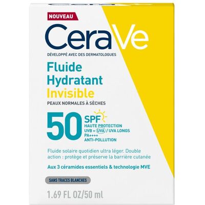 CeraVe Fluide Hydratant Invisible SPF50+ Peaux Normales à Sèches Émulsion 50 ml - Publicité CeraVe Fluide Hydratant Invisible SPF50+ Peaux Normales à Sèches Émulsion 50 ml - Publicité