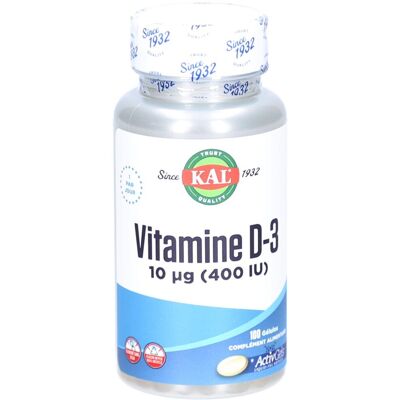 Kal Vitamine D-3 10 μg (400 IU) 100 Gélules - Publicité Kal Vitamine D-3 10 μg (400 IU) 100 Gélules - Publicité
