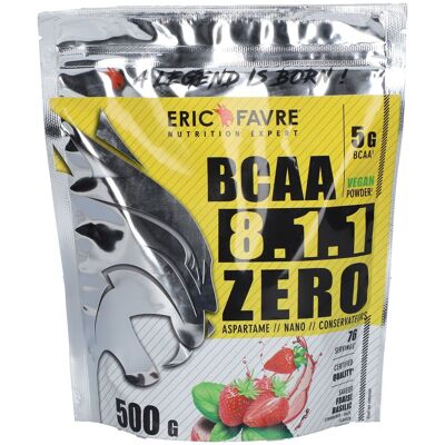ERIC FAVRE BCAA 8.1.1 ZERO Vegan Saveur fraise basilic Poudre 500 g - Publicité ERIC FAVRE BCAA 8.1.1 ZERO Vegan Saveur fraise basilic Poudre 500 g - Publicité