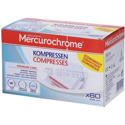 Mercurochrome® Compresses Stériles Format Éco 5 cm x 60 pc(s) - Publicité Mercurochrome® Compresses Stériles Format Éco 5 cm x 60 pc(s) - Publicité