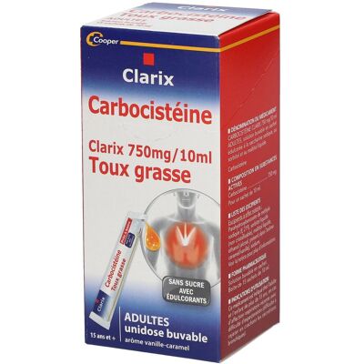 CLARIX - Carbocistéine 750mg/10ml Toux Grasse Adultes Unidose Buvable Arôme vanille caramel 15 Unidoses Sachet(S) pc(s) - Publicité CLARIX - Carbocistéine 750mg/10ml Toux Grasse Adultes Unidose Buvable Arôme vanille caramel 15 Unidoses Sachet(S) pc(s) - Publicité
