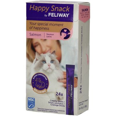 Happy Snack By FELIWAY - Boîte de 24 sticks au goût saumon. Relaxez votre chat autour d'un moment complicité . Présenté sous forme friandise onctueuse. Liquide 24x15 g - Publicité Happy Snack By FELIWAY - Boîte de 24 sticks au goût saumon. Relaxez votre chat autour d'un moment complicité . Présenté sous forme friandise onctueuse. Liquide 24x15 g - Publicité