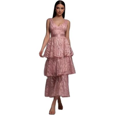 Robe femme Goddiva Embroidered Mesh Tiered Rose 44 - Publicité Robe femme Goddiva Embroidered Mesh Tiered Rose 44 - Publicité