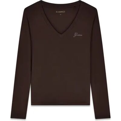 T-shirt manches longues à col V et mini logo femme Guess Marron S - Publicité T-shirt manches longues à col V et mini logo femme Guess Marron S - Publicité