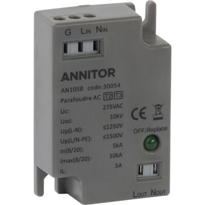 ANNITOR Parafoudre miniature T2+T3 traversant à bornier 2 pôles 10kA - Publicité ANNITOR Parafoudre miniature T2+T3 traversant à bornier 2 pôles 10kA - Publicité