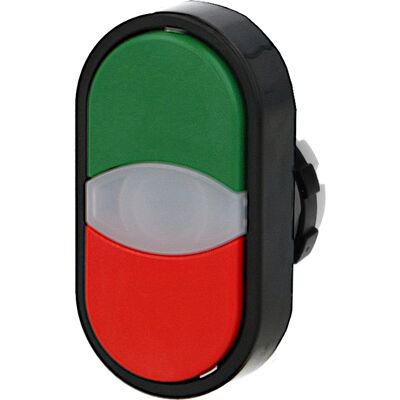 Tête de bouton poussoir double vert et rouge IMO Ø22mm - Publicité Tête de bouton poussoir double vert et rouge IMO Ø22mm - Publicité