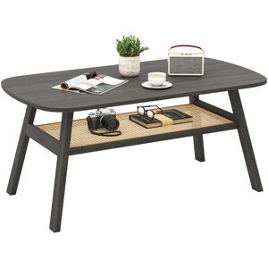CostwayTable Basse à 2 Niveaux Table Centrale Rectangulaire avec Étagère de Rangement en Rotin Pieds en Bois de Caoutchouc Noir - Publicité CostwayTable Basse à 2 Niveaux Table Centrale Rectangulaire avec Étagère de Rangement en Rotin Pieds en Bois de Caoutchouc Noir - Publicité