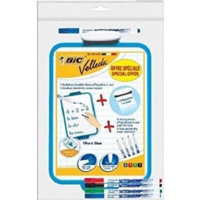 Bic 1 ardoise velleda 19x26cm effacette + 5 feutres fins - Publicité Bic 1 ardoise velleda 19x26cm effacette + 5 feutres fins - Publicité