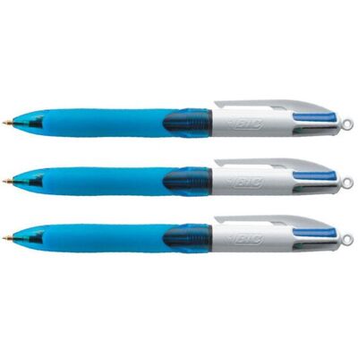 Lot de 3 stylos 4 couleurs BIC Pointe Moyenne Grip Corps Bleu Bleu - Publicité Lot de 3 stylos 4 couleurs BIC Pointe Moyenne Grip Corps Bleu Bleu - Publicité