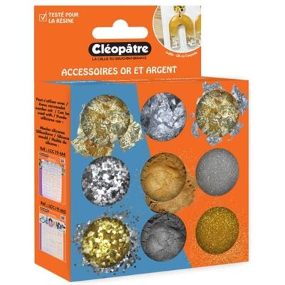 Kit accessoires pour résine - CLEOPATRE - Or/Argent - Paillettes - Poudres de mica - Feuilles Blanc - Publicité Kit accessoires pour résine - CLEOPATRE - Or/Argent - Paillettes - Poudres de mica - Feuilles Blanc - Publicité