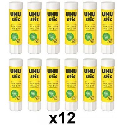 Lot de 12 bâtons de colle blanche UHU 82G Jaune - Publicité Lot de 12 bâtons de colle blanche UHU 82G Jaune - Publicité