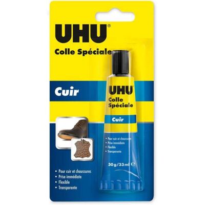 Colle spéciale Cuir - UHU - 30 g - Adhérence durable - Pour chaussures - Caoutchouc - Publicité Colle spéciale Cuir - UHU - 30 g - Adhérence durable - Pour chaussures - Caoutchouc - Publicité