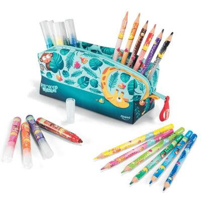 Trousse en tissu - Maped - JUNGLE FEVER - 12 Crayons de couleur - 12 Feutres Jumbo - Pour enfants dès 2 ans - Publicité Trousse en tissu - Maped - JUNGLE FEVER - 12 Crayons de couleur - 12 Feutres Jumbo - Pour enfants dès 2 ans - Publicité