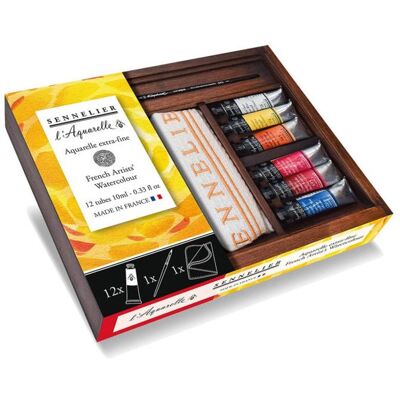 Peinture aquarelle - Extra-fine - Sennelier - 12 tubes 10ml - Coffret bois - Publicité Peinture aquarelle - Extra-fine - Sennelier - 12 tubes 10ml - Coffret bois - Publicité