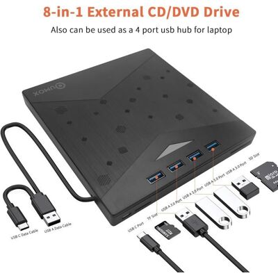 QUMOX Lecteur DVD CD Externe USB 3.0 et Type-C - Graveur CD/DVD +/-RW multifonction 7 en 1- pour PC Windows 11/10/8/7 Linux Mac OS - Publicité QUMOX Lecteur DVD CD Externe USB 3.0 et Type-C - Graveur CD/DVD +/-RW multifonction 7 en 1- pour PC Windows 11/10/8/7 Linux Mac OS - Publicité