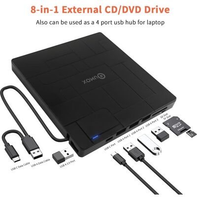 QUMOX 8 en 1 Lecteur CD/DVD Externe pour PC USB 3.0 et USB-C Graveur DVD Externe Portable CD/DVD -/+RW Drive Pour Windows/MacOS - Publicité QUMOX 8 en 1 Lecteur CD/DVD Externe pour PC USB 3.0 et USB-C Graveur DVD Externe Portable CD/DVD -/+RW Drive Pour Windows/MacOS - Publicité