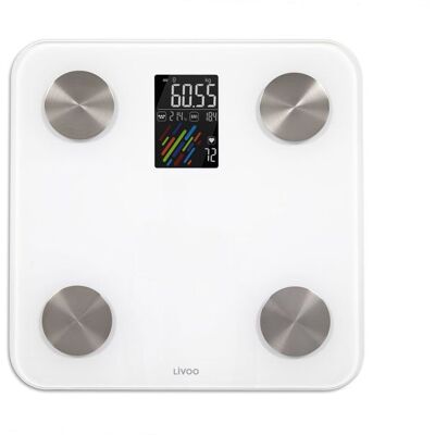 Pèse-personne impédancemètre connecté - LIVOO - DOM514 - Électronique - Masse grasse - Masse musculaire Blanc - Publicité Pèse-personne impédancemètre connecté - LIVOO - DOM514 - Électronique - Masse grasse - Masse musculaire Blanc - Publicité