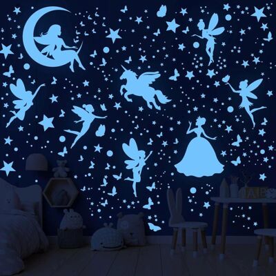 AMRINUGL 470 Autocollants muraux phosphorescents étoiles licorne papillon fée décoration chambre enfant fille . Bleu - Publicité AMRINUGL 470 Autocollants muraux phosphorescents étoiles licorne papillon fée décoration chambre enfant fille . Bleu - Publicité