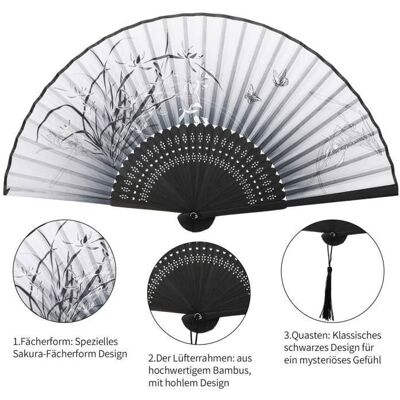 DLZAOAO Pliant Ventilateur Japonais Soie Eventail Pliants Bambou Ventilateur à Main pour Danser Mariage Mur Décoration Fête Cadeau (Blanc) Noir - Publicité DLZAOAO Pliant Ventilateur Japonais Soie Eventail Pliants Bambou Ventilateur à Main pour Danser Mariage Mur Décoration Fête Cadeau (Blanc) Noir - Publicité