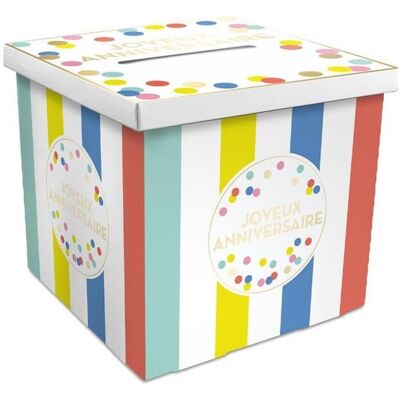 STC Urne - Rayures et pois - Multicolore - Joyeux anniversaire - Cagnotte - Carton - 20x20x20cm - Festi Party - Publicité STC Urne - Rayures et pois - Multicolore - Joyeux anniversaire - Cagnotte - Carton - 20x20x20cm - Festi Party - Publicité