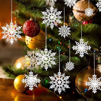Décorations de Noël - Lot de 40 flocons de neige - Plastique dur - Scintillants - À suspendre Blanc - Publicité Décorations de Noël - Lot de 40 flocons de neige - Plastique dur - Scintillants - À suspendre Blanc - Publicité