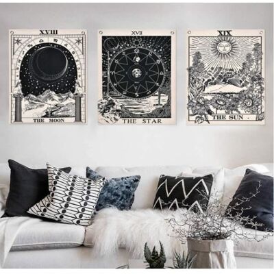 Ensemble tentures murales Motifs cartes de tarot et inscriptions«The Moon»«The Star» «The Sun»Toile en coton noir et blanc 30x40cm - Publicité Ensemble tentures murales Motifs cartes de tarot et inscriptions«The Moon»«The Star» «The Sun»Toile en coton noir et blanc 30x40cm - Publicité