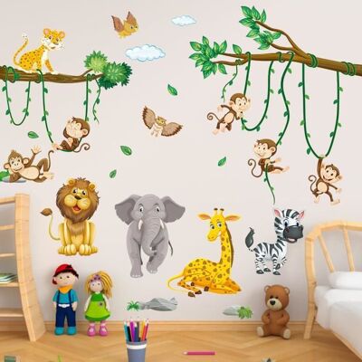 Muraux Animaux de la Jungle Autocollant Mural Décoration Chambre Bébé Léopard Singe Lion Éléphant Girafe Zèbre Branche Arbre Vertes - Publicité Muraux Animaux de la Jungle Autocollant Mural Décoration Chambre Bébé Léopard Singe Lion Éléphant Girafe Zèbre Branche Arbre Vertes - Publicité