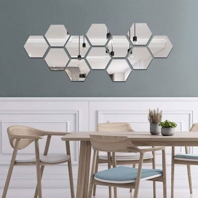YIKXIULF - HexMirror - Hexagone - Argent - Miroir mural autocollant - Publicité YIKXIULF - HexMirror - Hexagone - Argent - Miroir mural autocollant - Publicité
