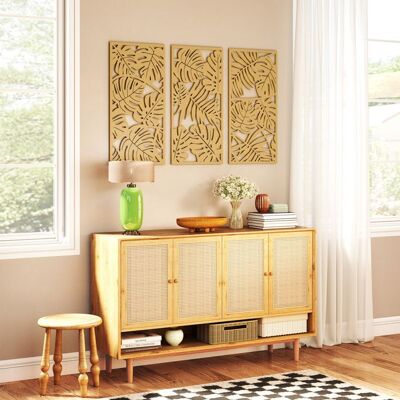 Ensemble de 3 Décorations Murales - HOMCOM - en Bois - 3D - 40 x 80 cm - Feuilles Tropicales - effet Bois Naturel Beige - Publicité Ensemble de 3 Décorations Murales - HOMCOM - en Bois - 3D - 40 x 80 cm - Feuilles Tropicales - effet Bois Naturel Beige - Publicité