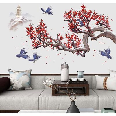 Stickers Muraux Fleurs de Cerisier Japonais Autocollant Mural Branche Arbre Floral Oiseaux Deco Stickers Salon Chambre Décoration Rouge - Publicité Stickers Muraux Fleurs de Cerisier Japonais Autocollant Mural Branche Arbre Floral Oiseaux Deco Stickers Salon Chambre Décoration Rouge - Publicité