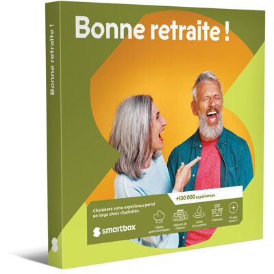 Coffret Cadeau SMARTBOX - Bonne retraite ! - 1 bon cadeau pour 2 personnes : séjour gastronomie bien-être ou aventure douce - Publicité Coffret Cadeau SMARTBOX - Bonne retraite ! - 1 bon cadeau pour 2 personnes : séjour gastronomie bien-être ou aventure douce - Publicité