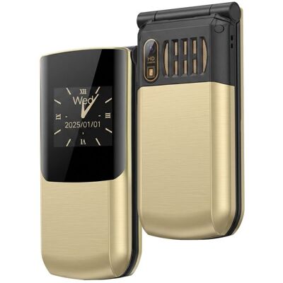 AVIZAR Téléphone Portable à Clapet 4G avec Double Écran et Touche SOS Dorée Jaune - Publicité AVIZAR Téléphone Portable à Clapet 4G avec Double Écran et Touche SOS Dorée Jaune - Publicité