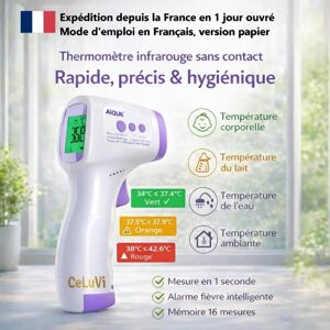 Thermomètre Frontal rapide et précis bébés et adultes - CeLuVi - Avec alarme fièvre par Code Couleur Ecran LCD historique Blanc - Publicité Thermomètre Frontal rapide et précis bébés et adultes - CeLuVi - Avec alarme fièvre par Code Couleur Ecran LCD historique Blanc - Publicité