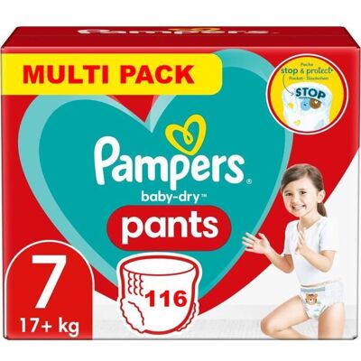 PAMPERS PANTS TAILLE 7 BABY-DRY COUCHES-CULOTTES 116 COUCHES (+17 KG) Blanc - Publicité PAMPERS PANTS TAILLE 7 BABY-DRY COUCHES-CULOTTES 116 COUCHES (+17 KG) Blanc - Publicité