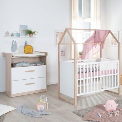 Chambre bébé duo : Lit 60 x 120 cm + commode à langer évolutive - CABANE - ROBA - Chêne / Blanc Blanc - Publicité Chambre bébé duo : Lit 60 x 120 cm + commode à langer évolutive - CABANE - ROBA - Chêne / Blanc Blanc - Publicité
