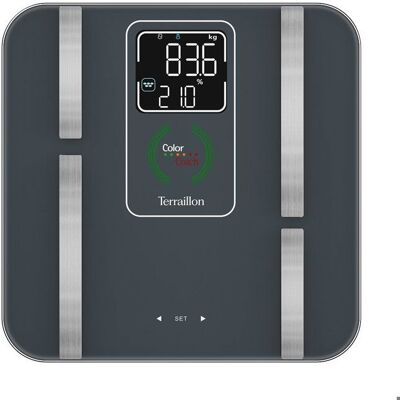 Pèse-personne électronique - TERRAILLON - COLOR COACH FIT - Impédancemètre - Bluetooth MyHealth - 180 kg Gris - Publicité Pèse-personne électronique - TERRAILLON - COLOR COACH FIT - Impédancemètre - Bluetooth MyHealth - 180 kg Gris - Publicité