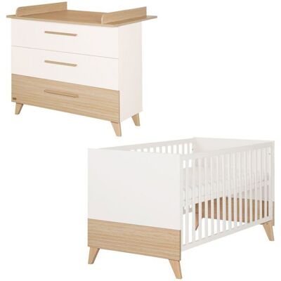 Chambre bébé duo - ROBA - Theo - Lit évolutif 70x140 + Commode à langer évolutive - Blanc/Chêne Blanc - Publicité Chambre bébé duo - ROBA - Theo - Lit évolutif 70x140 + Commode à langer évolutive - Blanc/Chêne Blanc - Publicité