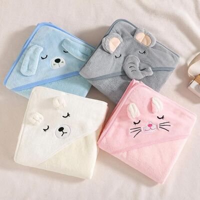 Lot de 4 serviettes de bain pour nouveau-né ultra-absorbantes avec peignoir intégré en polaire corail douce 80 x 80 cm. Bleu - Publicité Lot de 4 serviettes de bain pour nouveau-né ultra-absorbantes avec peignoir intégré en polaire corail douce 80 x 80 cm. Bleu - Publicité