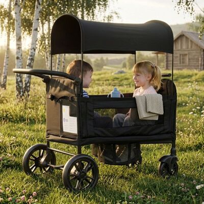 NOBRAND Chariot de transport enfants 2 places avec toit UV et tablette poussette pliable charge 44kg poignée réglable en 8 positions Noir - Publicité NOBRAND Chariot de transport enfants 2 places avec toit UV et tablette poussette pliable charge 44kg poignée réglable en 8 positions Noir - Publicité
