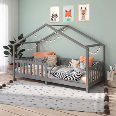 Idimex Lit cabane enfant 90x190 cm LISAN lit Simple montessori avec Barrières de Protection en Bois Massif lasuré gris Gris - Publicité Idimex Lit cabane enfant 90x190 cm LISAN lit Simple montessori avec Barrières de Protection en Bois Massif lasuré gris Gris - Publicité